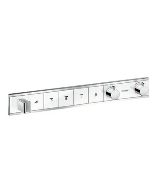 Thermostat von Hansgrohe mit zwei Drehreglern zur Temperatur- und Wassermengensteuerung, sowie Tasten für verschiedene Auslässe in Weiß/Chrom.